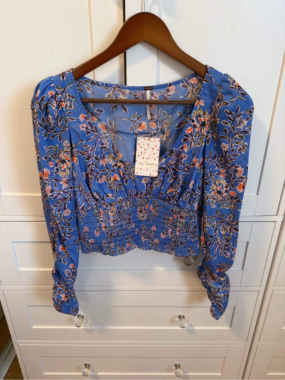 Free People Periwinkle Blue Floral Smocked Waist Blouse